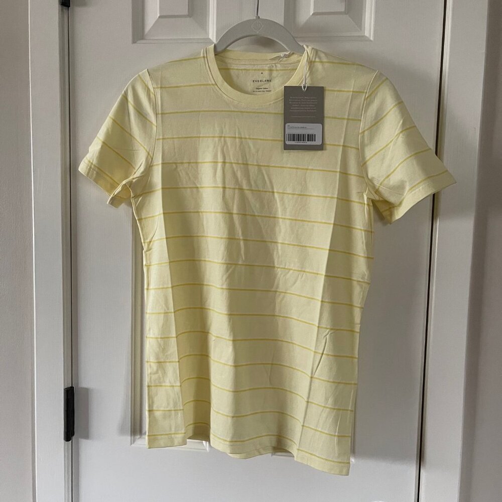 New Everlane Yellow Striped Organic Cotton Crew Neck Tee Shirt Top Size Medium
